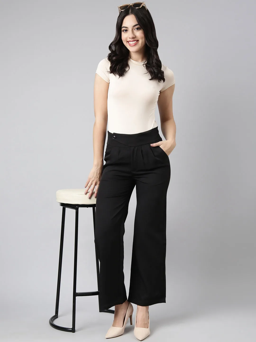 Women Solid Black Parallel Trousers