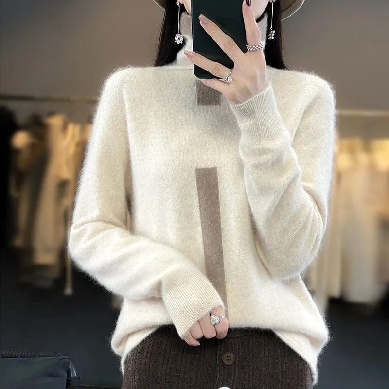 Women's Mink Cashmere  Long Sleeve Autumn and Winter Fashion Soft Pullover Turtleneck  Sweater