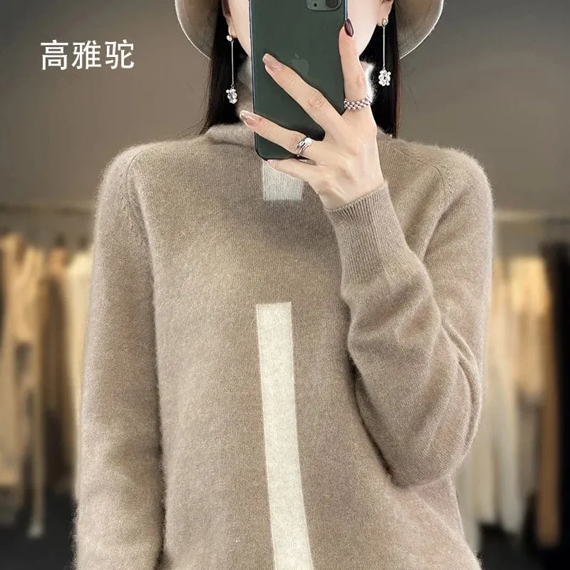 Women's Mink Cashmere  Long Sleeve Autumn and Winter Fashion Soft Pullover Turtleneck  Sweater