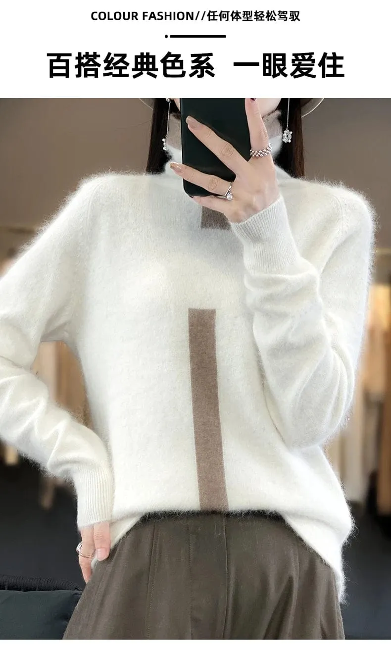 Women's Mink Cashmere  Long Sleeve Autumn and Winter Fashion Soft Pullover Turtleneck  Sweater