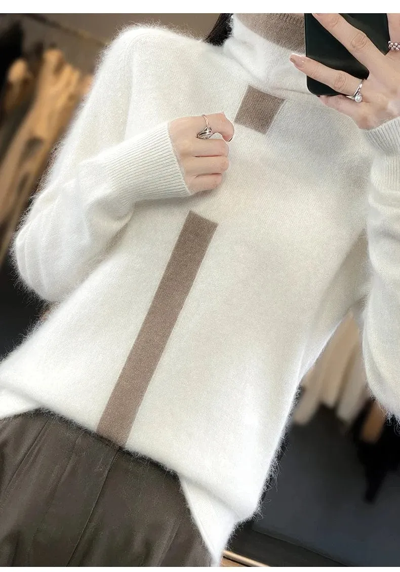 Women's Mink Cashmere  Long Sleeve Autumn and Winter Fashion Soft Pullover Turtleneck  Sweater