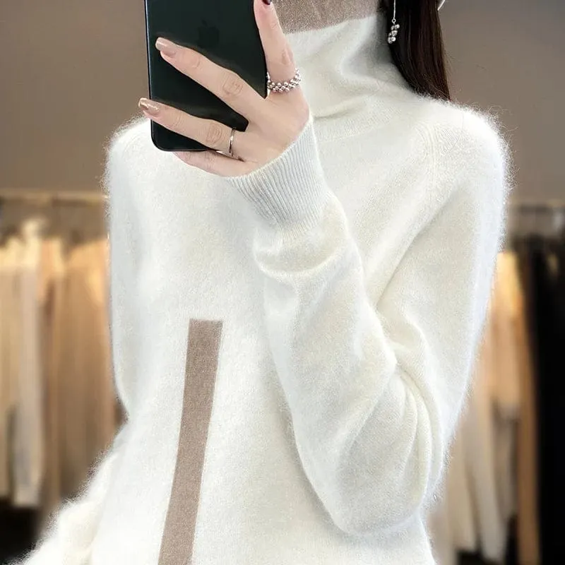 Women's Mink Cashmere  Long Sleeve Autumn and Winter Fashion Soft Pullover Turtleneck  Sweater