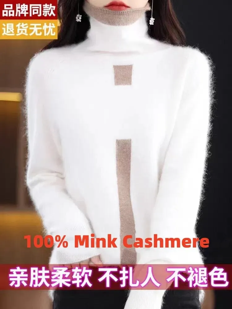 Women's Mink Cashmere  Long Sleeve Autumn and Winter Fashion Soft Pullover Turtleneck  Sweater