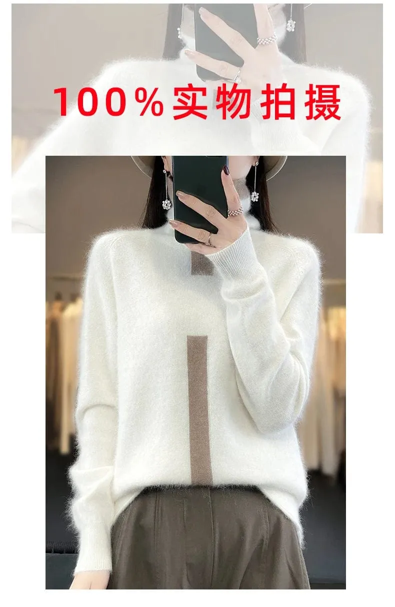 Women's Mink Cashmere  Long Sleeve Autumn and Winter Fashion Soft Pullover Turtleneck  Sweater