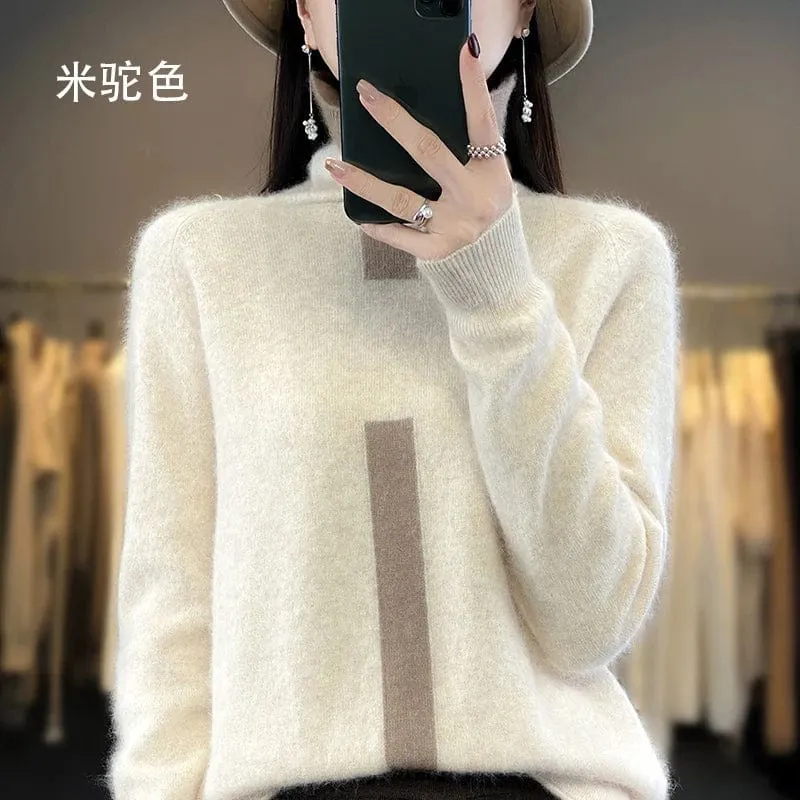 Women's Mink Cashmere  Long Sleeve Autumn and Winter Fashion Soft Pullover Turtleneck  Sweater