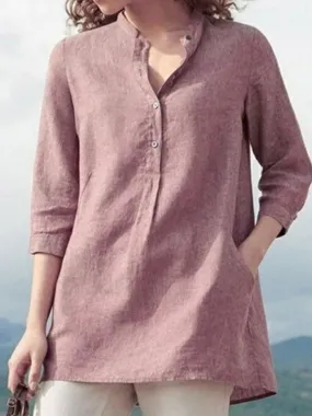 Women's solid color casual stand collar 3/4 sleeves shirt