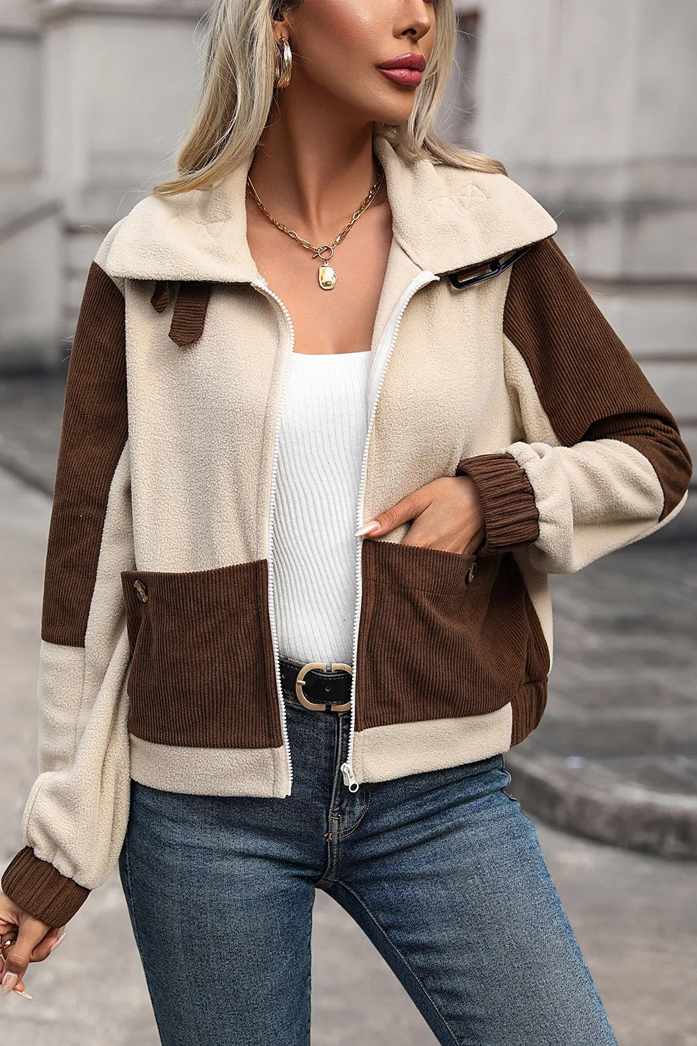 Women's Stylish Color Block Jacket with Convenient Pockets