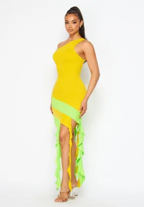 Yellow/Lime Long fringed off-shoulder Dress